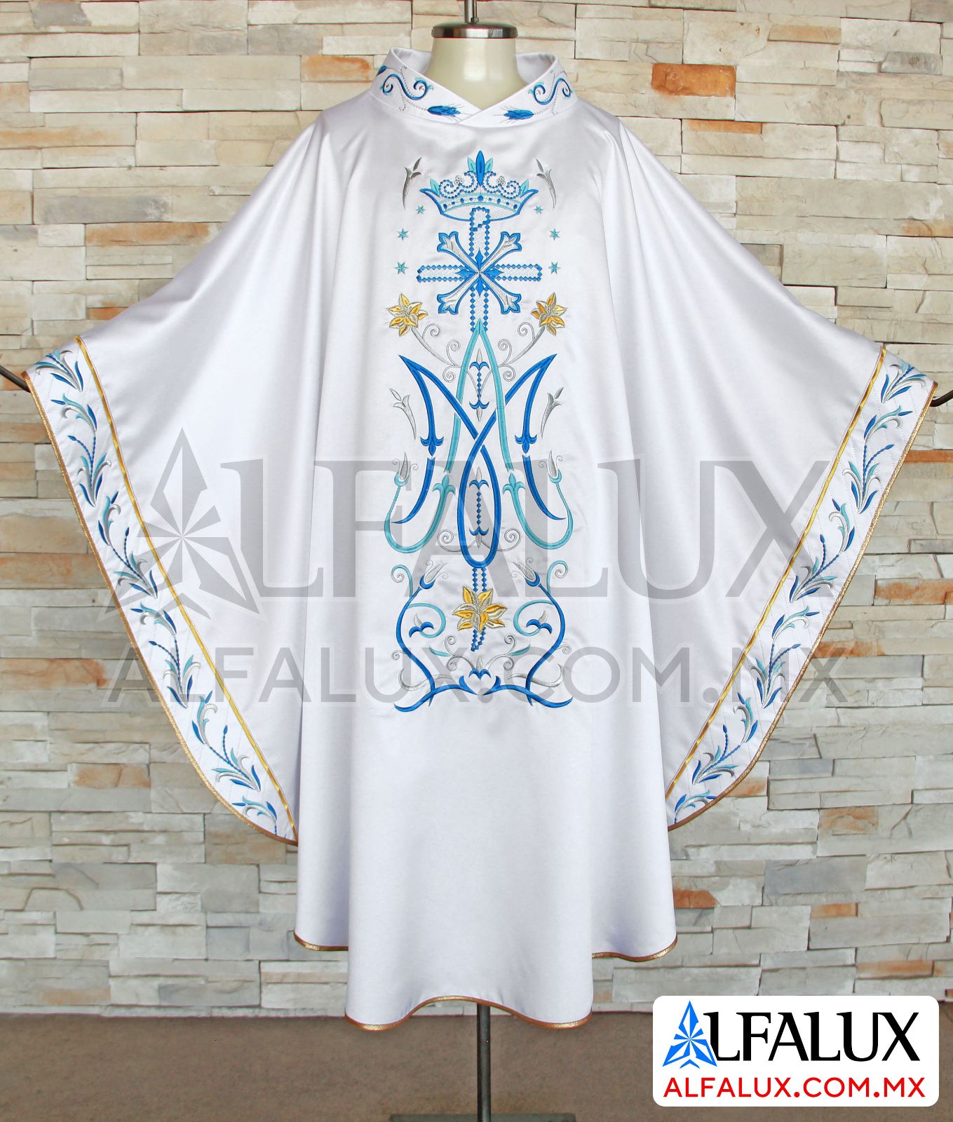 24 DOBLE MARIANA Casulla Alfalux Laterales Azul Cllo Bordado (1)